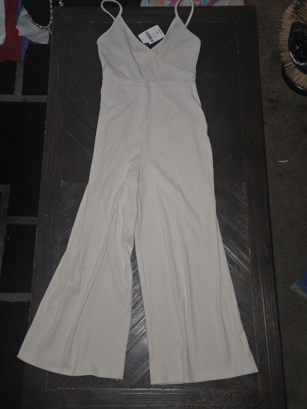 Beige Ribbed Wide-Leg Jumpsuit with Spaghetti Straps